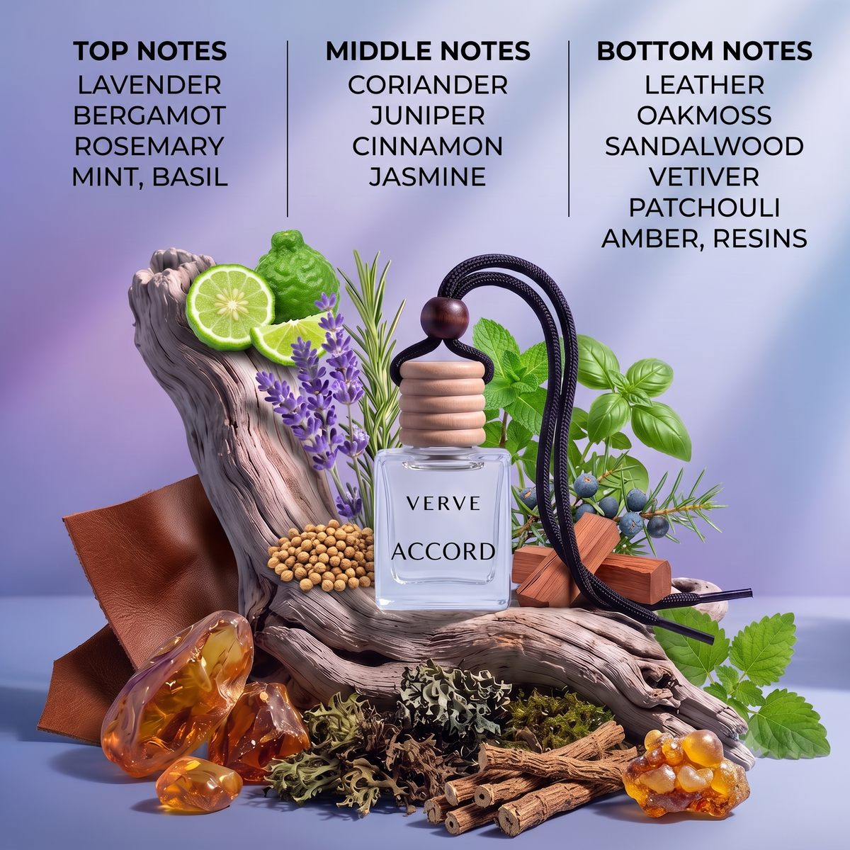 VERVE Accord fragrance notes breakdown showing lavender, bergamot, leather, and sandalwood
