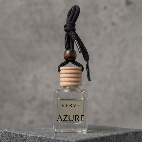 VERVE Azure luxury hanging car diffuser bottle on dark stone plinth