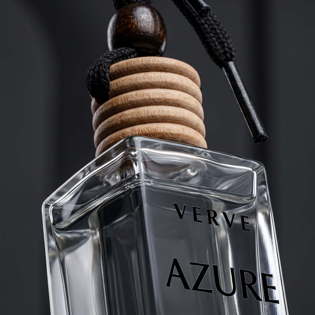 Macro close-up of VERVE grooved wood diffuser cap and thick glass bottle