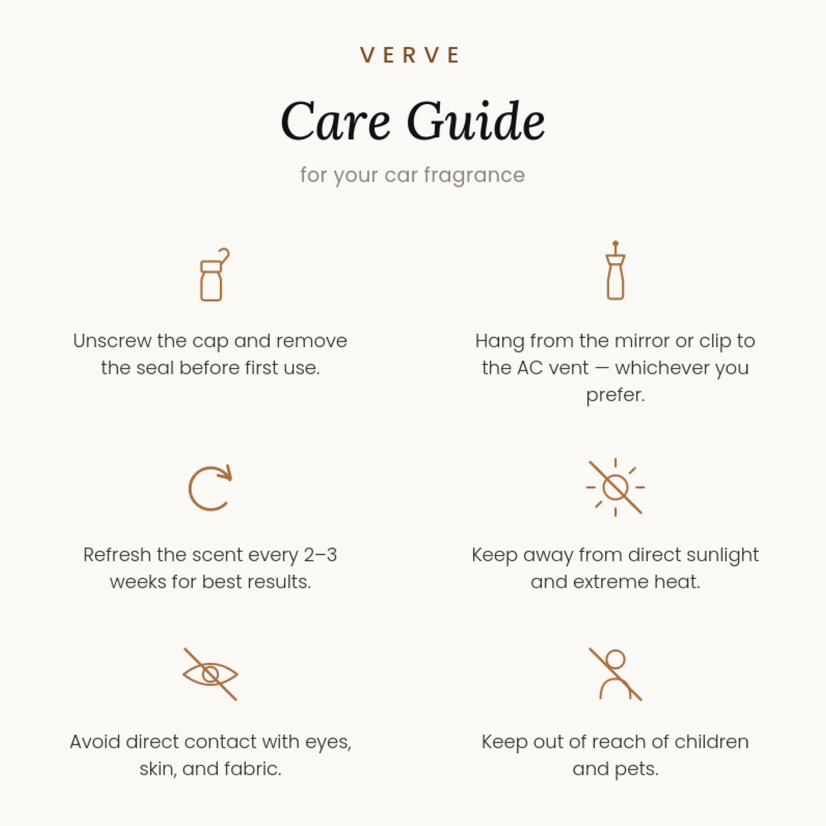 VERVE luxury car fragrance care guide and instructions for hanging diffuser