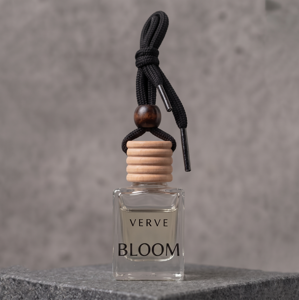 VERVE Bloom luxury hanging car diffuser bottle on dark stone plinth