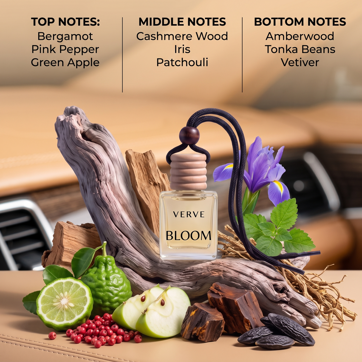 VERVE Bloom fragrance notes breakdown with bergamot, pink pepper, green apple, and iris